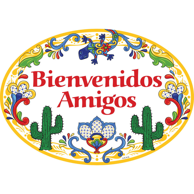 Ceramic Latino Gift Idea Welcome Sign  "Bienvenidos Amigos" Yellow Cactus