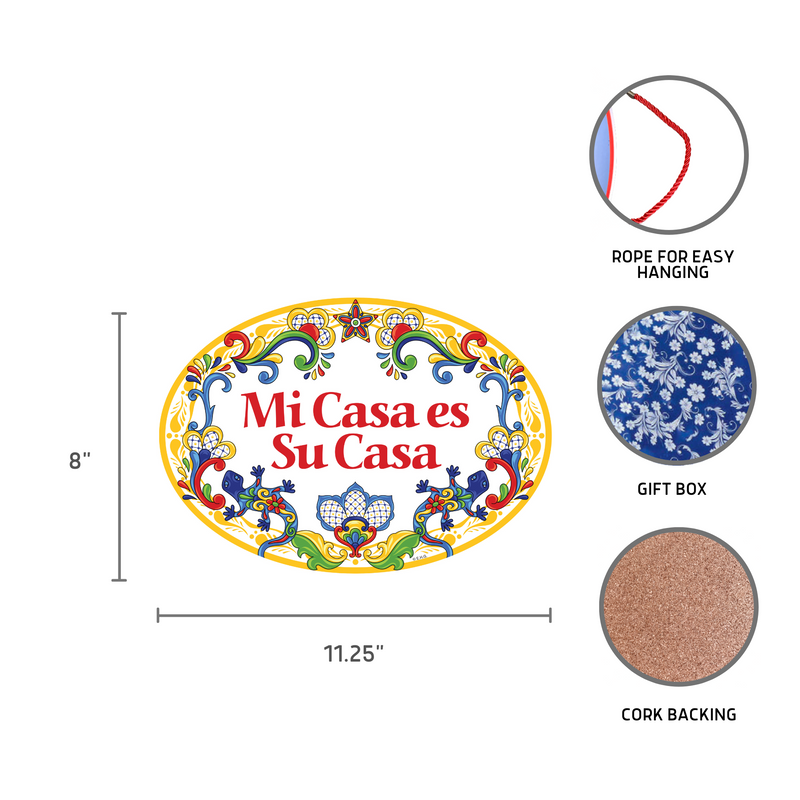 Ceramic Latino Gift Idea Welcome Sign "Mi Casa es Su Casa" Flowers