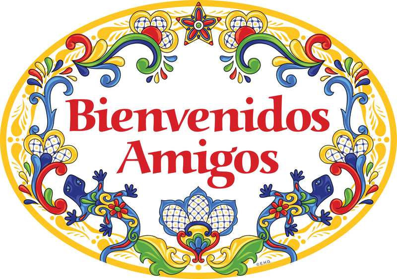 Ceramic Latino Gift Idea Welcome Sign  "Bienvenidos Amigos" Yellow Geckos - ScandinavianGiftOutlet