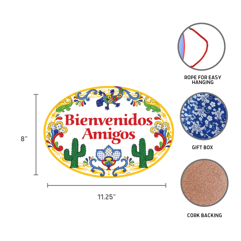Ceramic Latino Gift Idea Welcome Sign  "Bienvenidos Amigos" Yellow Cactus