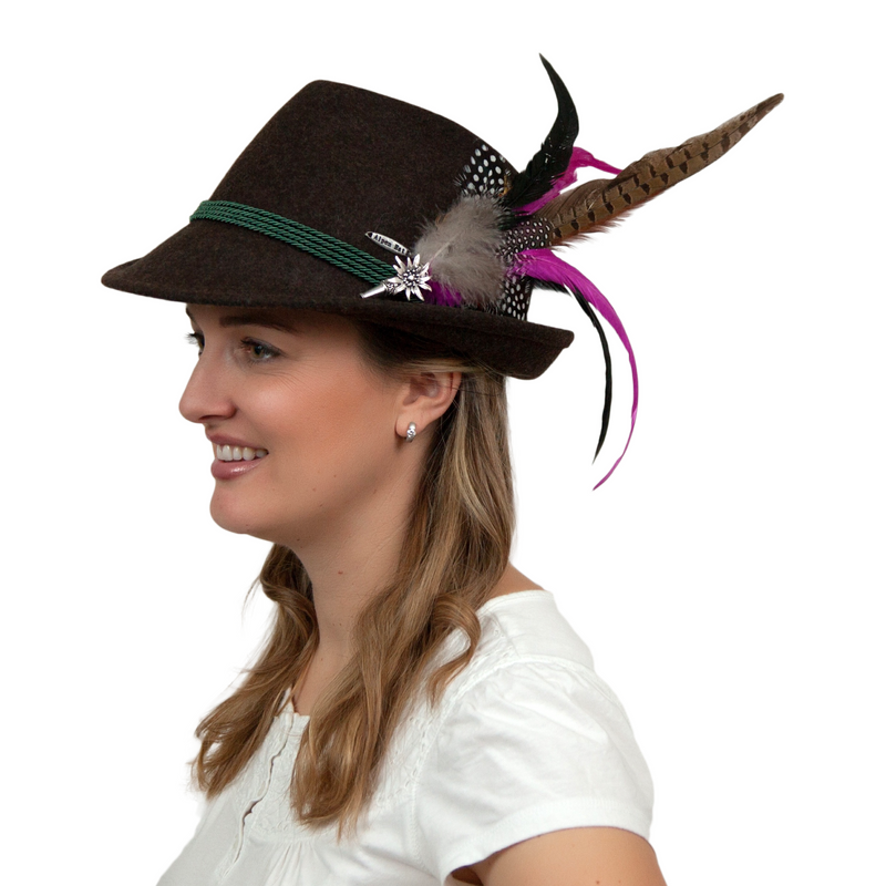 Deluxe German themed Hat Pins w/ Purple & Brown Feathers