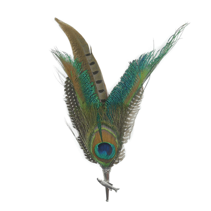 Peacock & Pheasant Fedora Feather Pin with Fish Medallion