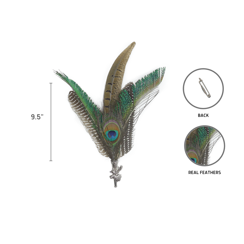 Peacock & Pheasant Fedora Feather Pin with Stag Medallion