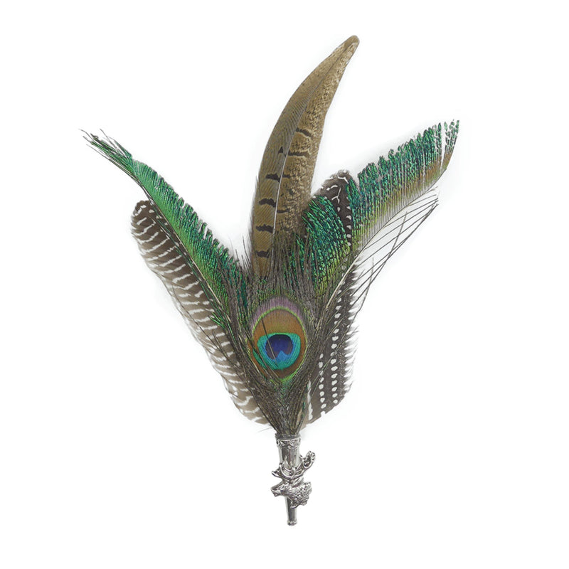Peacock & Pheasant Fedora Feather Pin with Stag Medallion