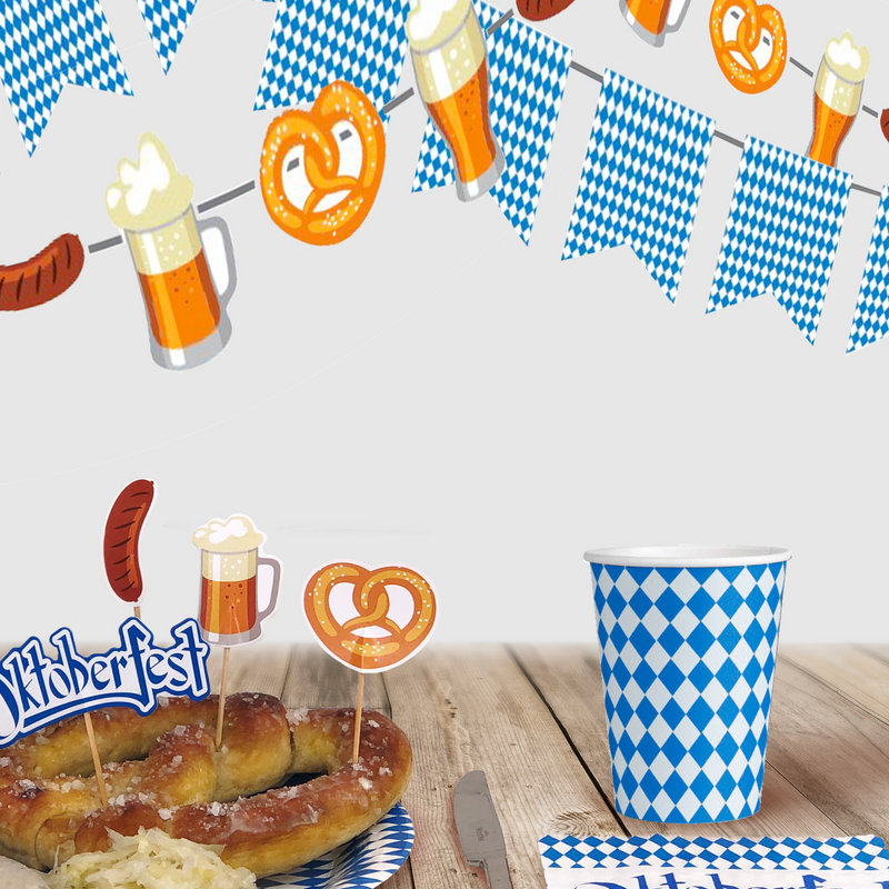 8 Flag Oktoberfest Party Supplies Party String Banner with Paper Beer Steins and Pretzels Decoration