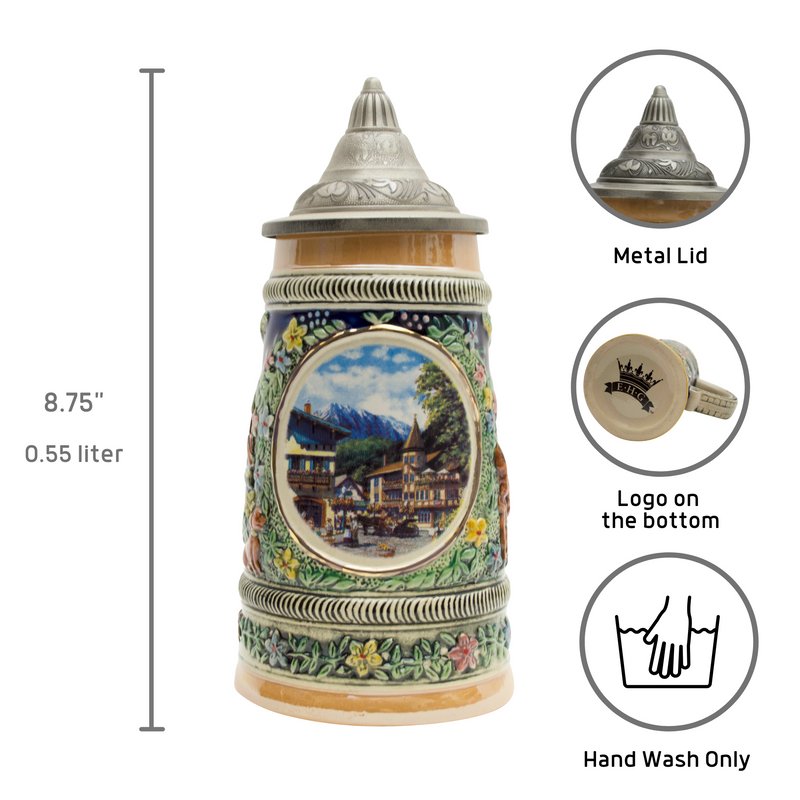 European Summer German Beer Stein .5L with Embossed Metal Lid
