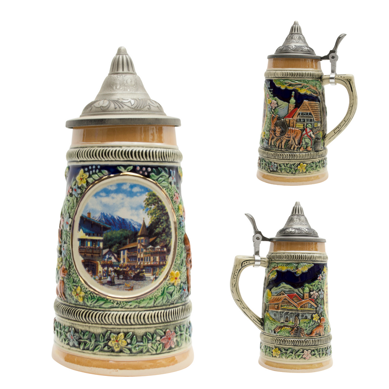 European Summer German Beer Stein .5L with Embossed Metal Lid