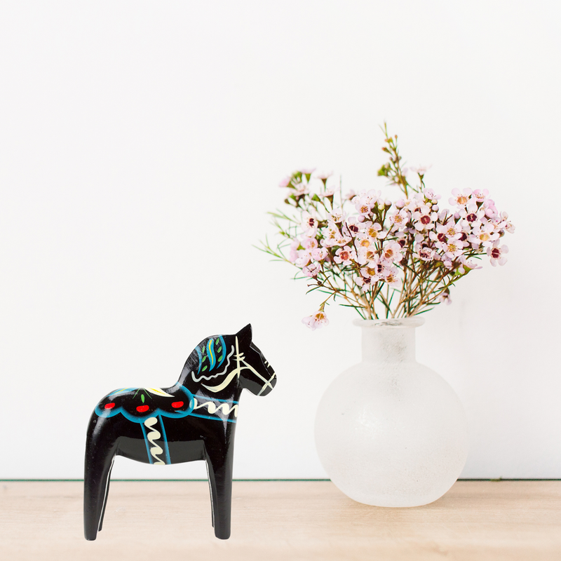 Black Swedish Dala Horse Wooden Figurine