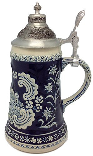 Bavarian German Castle Engraved Ceramic Beer Stein with Ornate Metal Lid - ScandinavianGiftOutlet