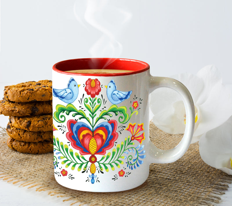 Artistic Lovebirds & Rosemaling Ceramic Coffee Mugs