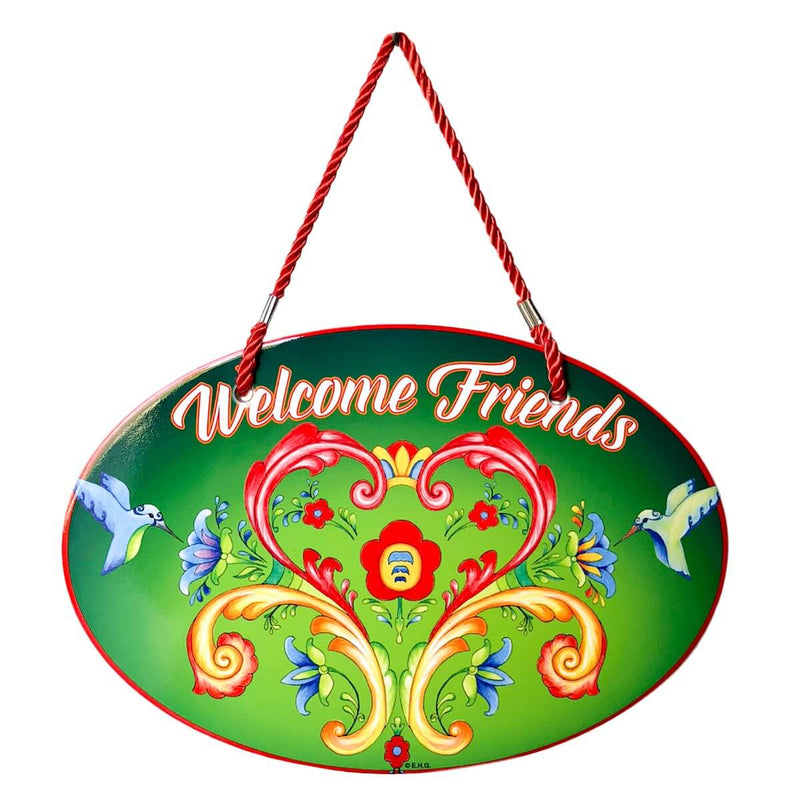 Ceramic Door Signs: Welcome Friends Rosemaling Green - ScandinavianGiftOutlet