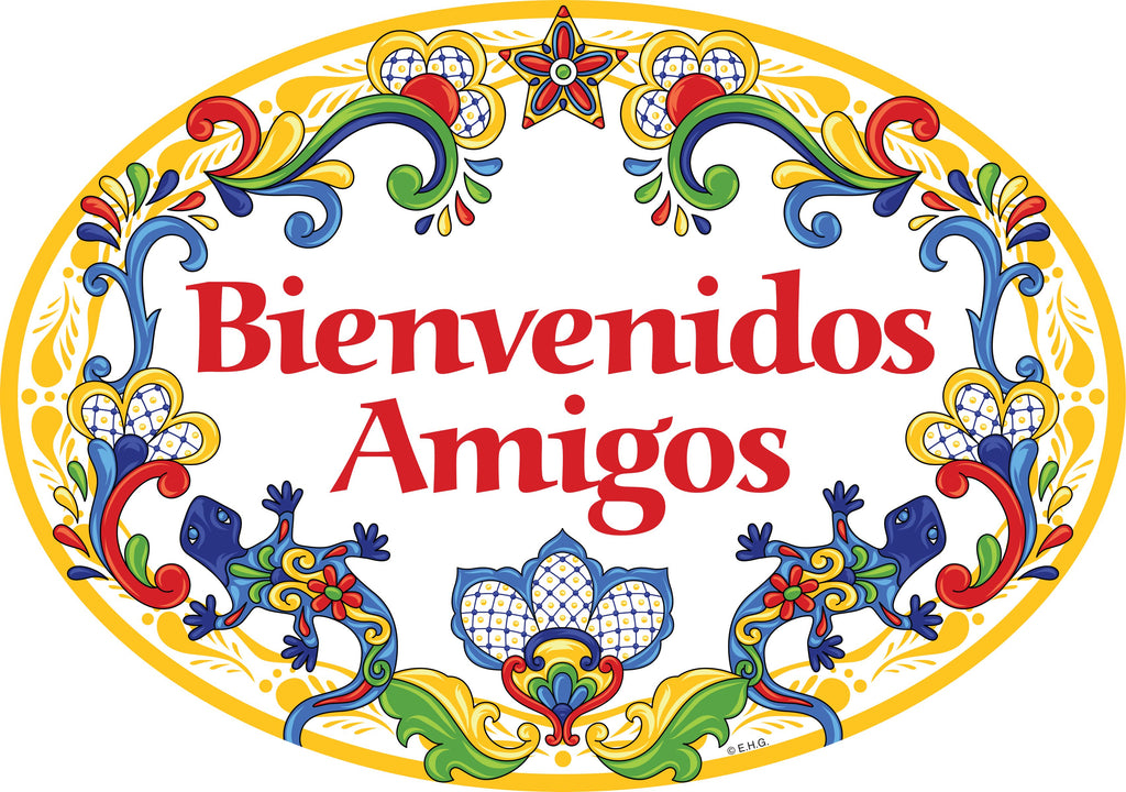 Ceramic Latino Gift Idea Welcome Sign Bienvenidos Amigos Yellow Geck