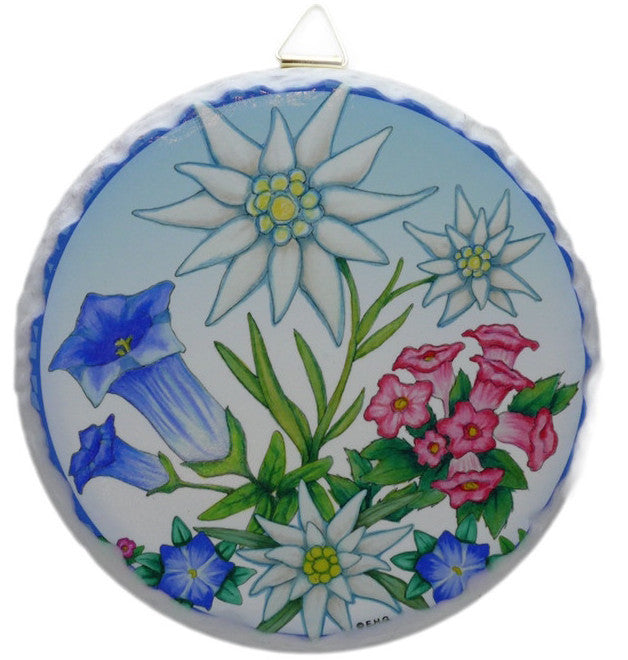 Round Ceramic Plaque: Edelweiss - ScandinavianGiftOutlet