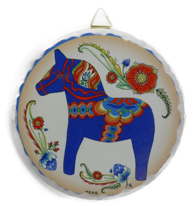 Round Ceramic Plaque: Blue Dala Horse - ScandinavianGiftOutlet