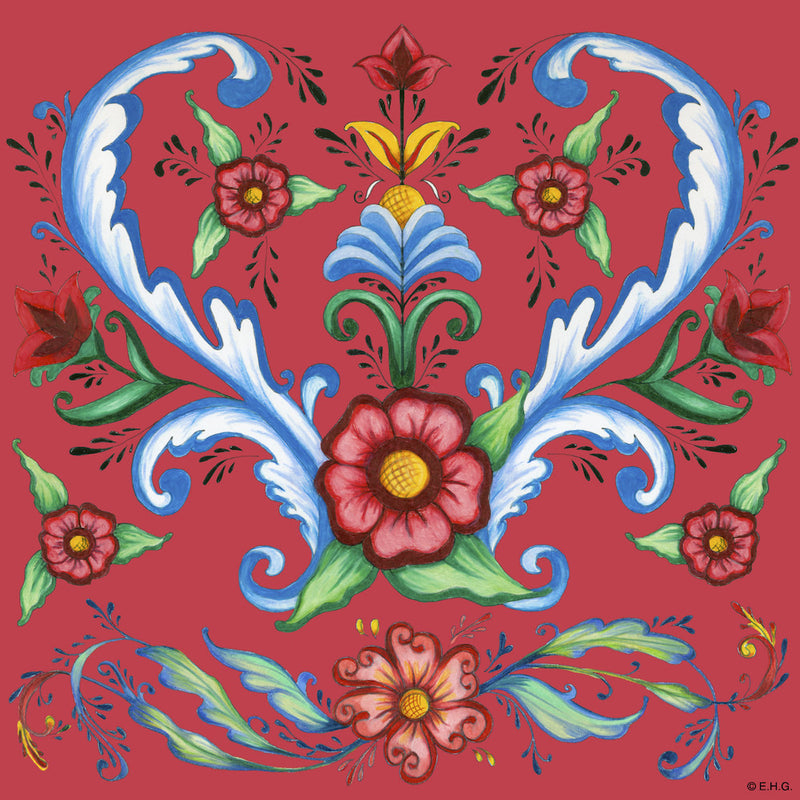 Ceramic Deluxe Plaque: Red Rosemaling - ScandinavianGiftOutlet