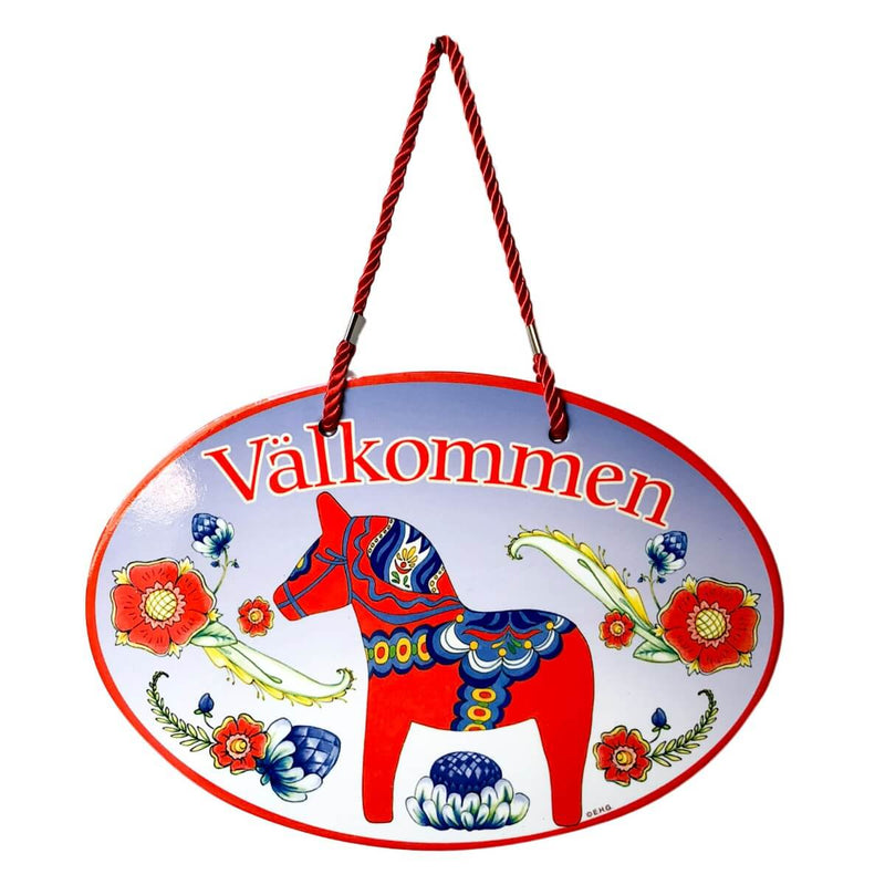 Valkommen Red Dala Horse Ceramic Door Sign