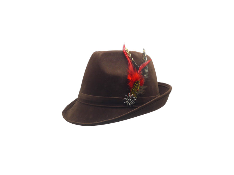Brown "German Hunter" Hat Fedora And Edelweiss & Feather - ScandinavianGiftOutlet