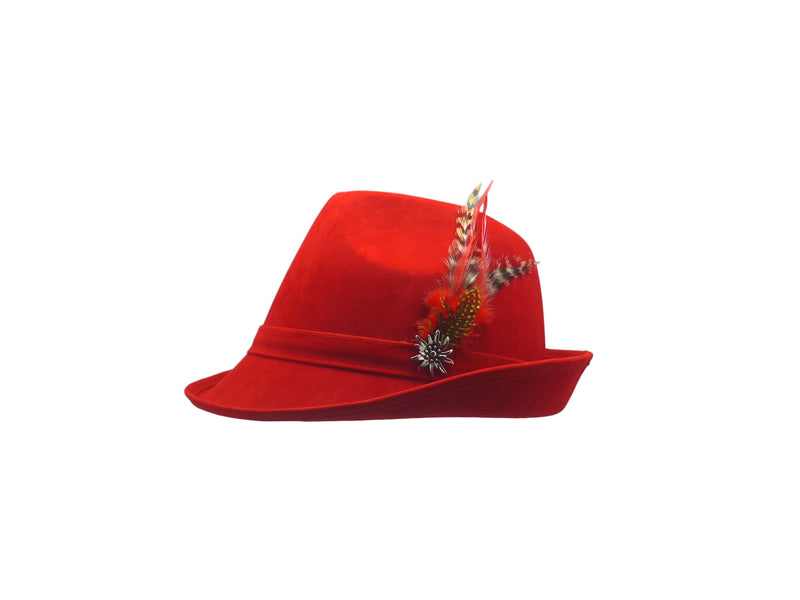 Red "German Hunter" Hat Fedora And Edelweiss & Feather - ScandinavianGiftOutlet