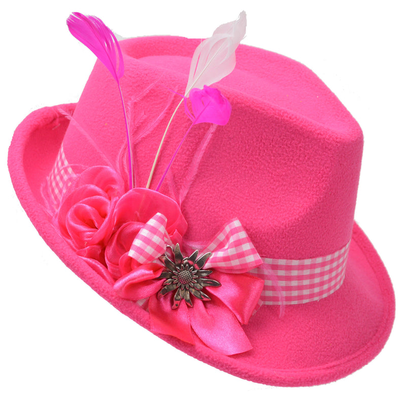 Pink Ladies Hat with Edelweiss Pin and Feathers - ScandinavianGiftOutlet