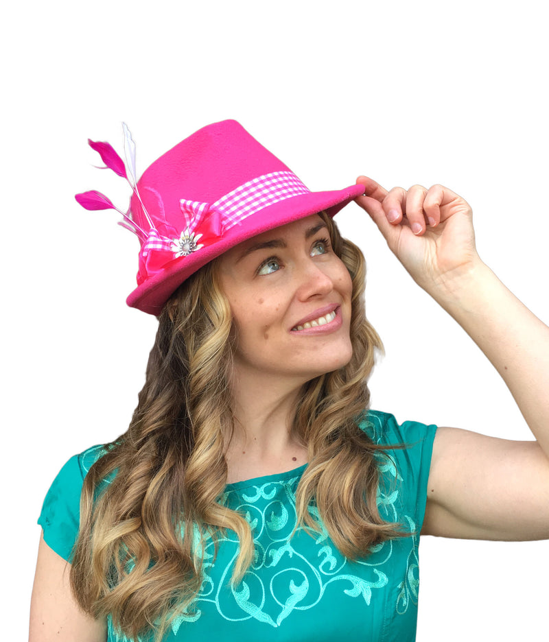 Pink Ladies Hat with Edelweiss Pin and Feathers - ScandinavianGiftOutlet