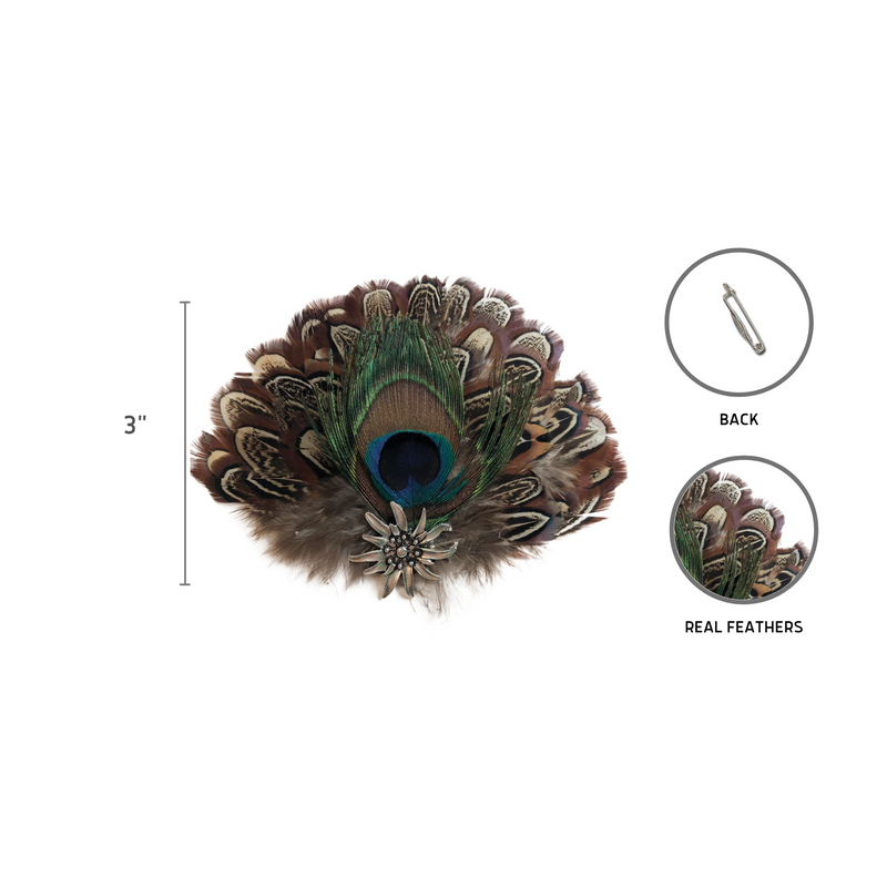 Deluxe Fedora Feather Pin Peacock & Brown Hat Feathers