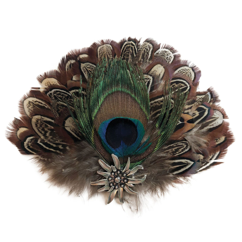 Deluxe Fedora Feather Pin Peacock & Brown Hat Feathers