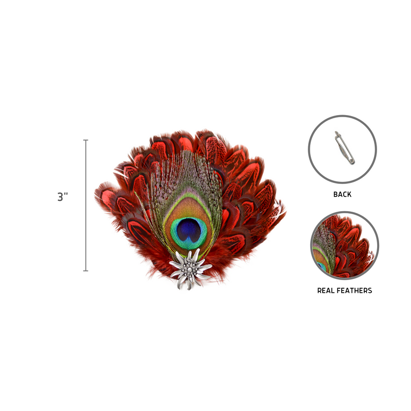 Deluxe Fedora Feather Pin with Peacock & Red Feathers