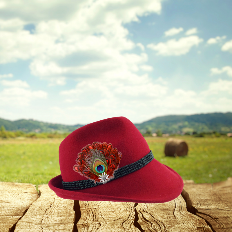 Deluxe Fedora Feather Pin with Peacock & Red Feathers