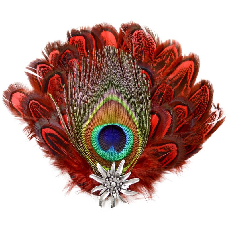 Deluxe Fedora Feather Pin with Peacock & Red Feathers