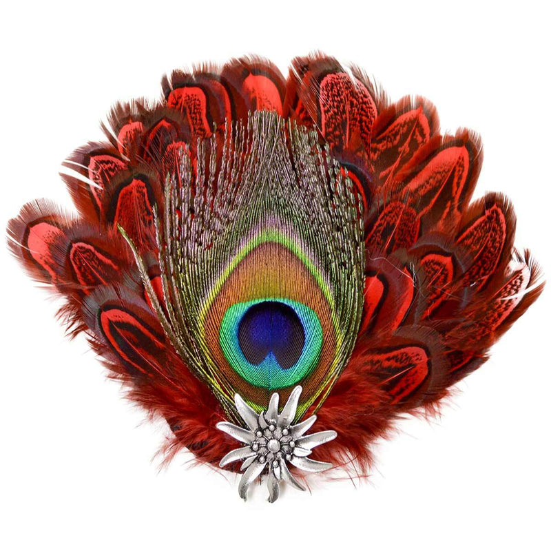 Deluxe Fedora Feather Pin with Peacock & Red Feathers - ScandinavianGiftOutlet