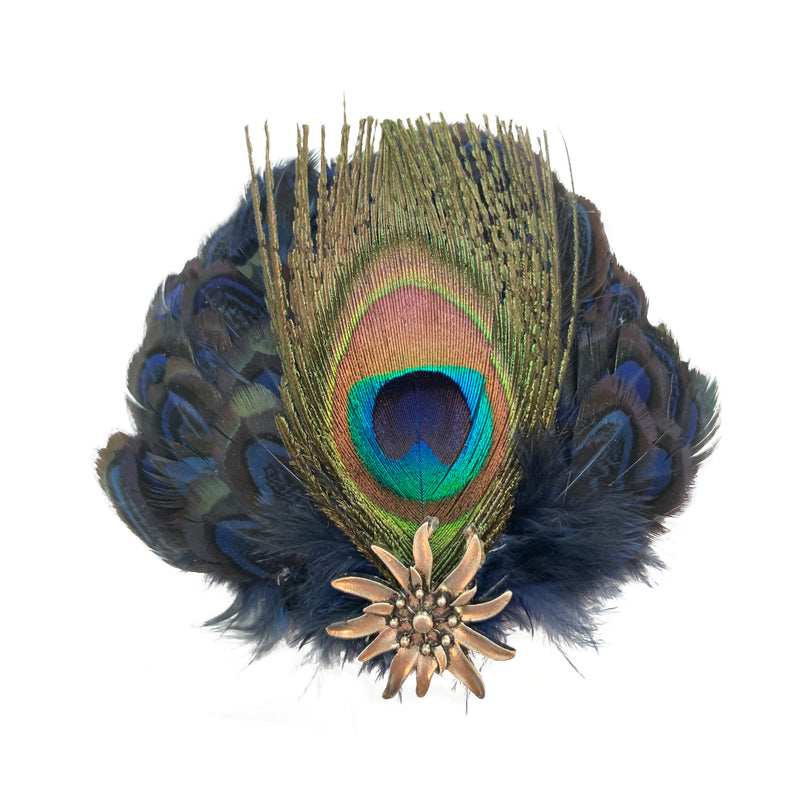 Metal Hat Pin Deluxe Peacock & Blue Hat Feathers