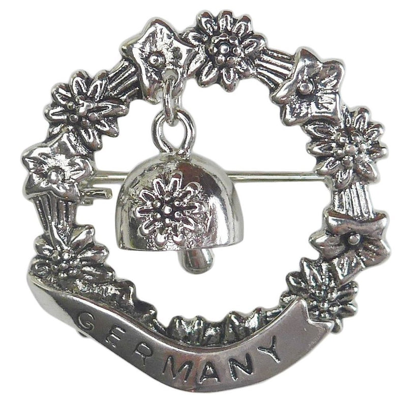 German Edelweiss Medallion Metal Hat Pin w/  Hanging Cow Bell - ScandinavianGiftOutlet