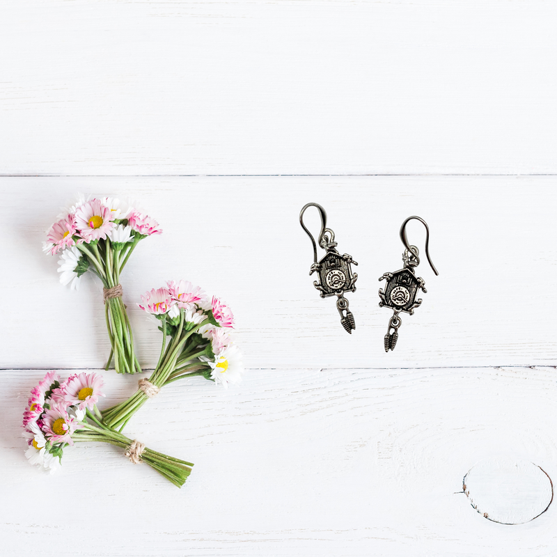 European Cuckoo Clock Silver Plated Earrings Gift Idea