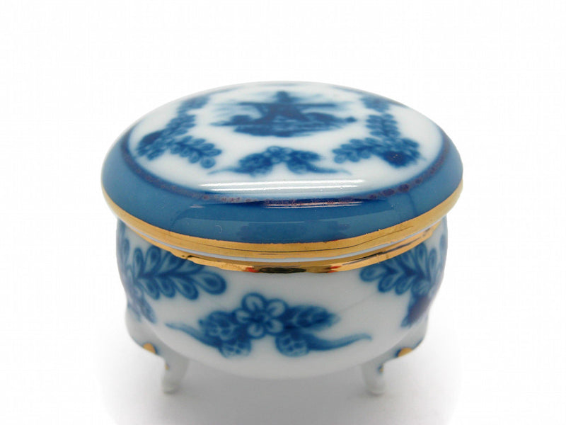 Vintage Victorian Antique Round Jewelry Box Delft Blue - ScandinavianGiftOutlet