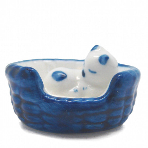 Porcelain Miniatures Animal Delft Cat In Basket - ScandinavianGiftOutlet