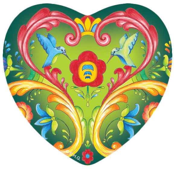 Tile Magnet: Rosemaling Hearts Green Design - ScandinavianGiftOutlet