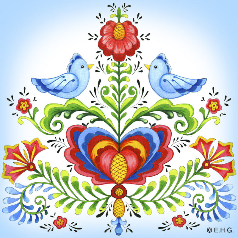 Tile Magnet: Rosemaling & Lovebirds - ScandinavianGiftOutlet