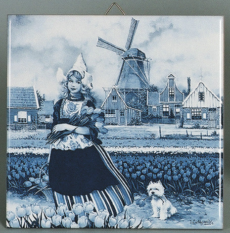 Tulip Time Girl Delft Magnet Tile - ScandinavianGiftOutlet