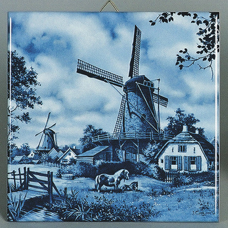 Dutch Wall Plaque Delft Blue Tile Mill/Pony - ScandinavianGiftOutlet