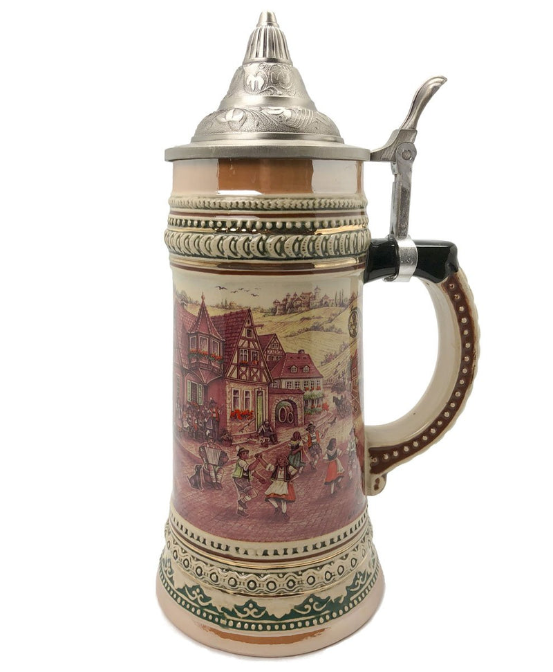 1 Liter German Village Dancers Beer Mug with Etched Metal Lid - ScandinavianGiftOutlet