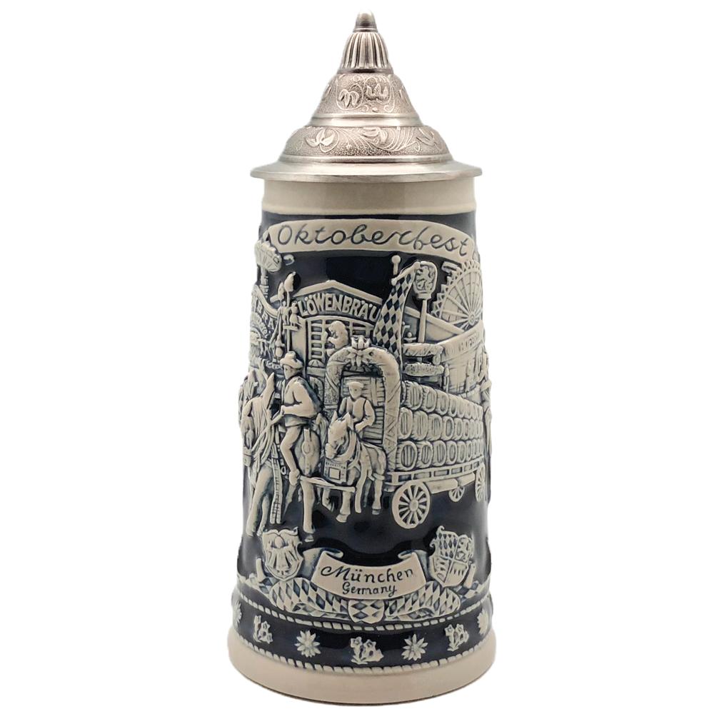 Munich Oktoberfest Stein & Wagon .75L with Etched Metal Lid