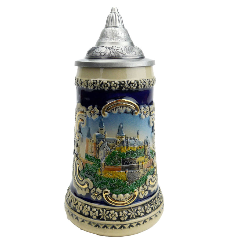 Bavarian Castle Engraved Ceramic Beer Stein w/Lid - ScandinavianGiftOutlet