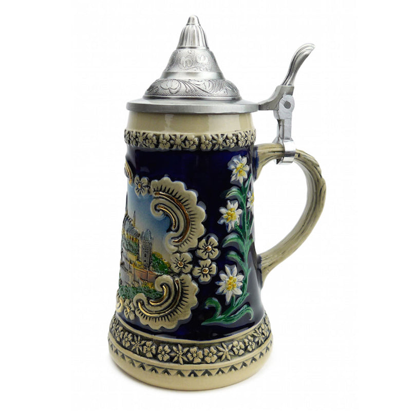 Bavarian Castle Engraved Ceramic Beer Stein w/Lid - ScandinavianGiftOutlet