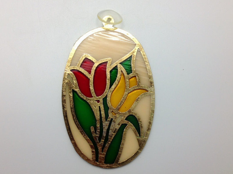Clear Oval Sun Catcher with Red and Yellow Tulips - ScandinavianGiftOutlet