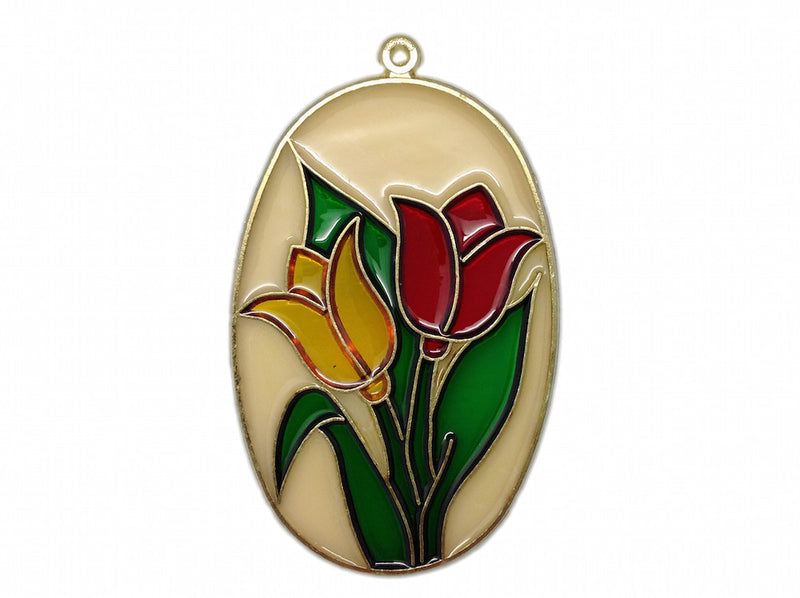 Clear Oval Sun Catcher with Red and Yellow Tulips - ScandinavianGiftOutlet