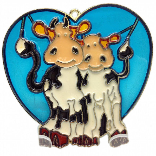 Blue Heart Shaped Sun Catcher with Cuddling Cows - ScandinavianGiftOutlet