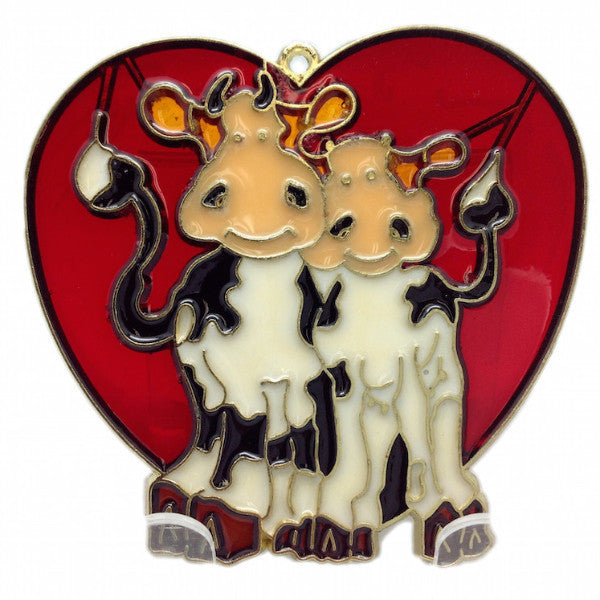 Red Heart Shaped Sun Catcher with Cuddling Cows - ScandinavianGiftOutlet