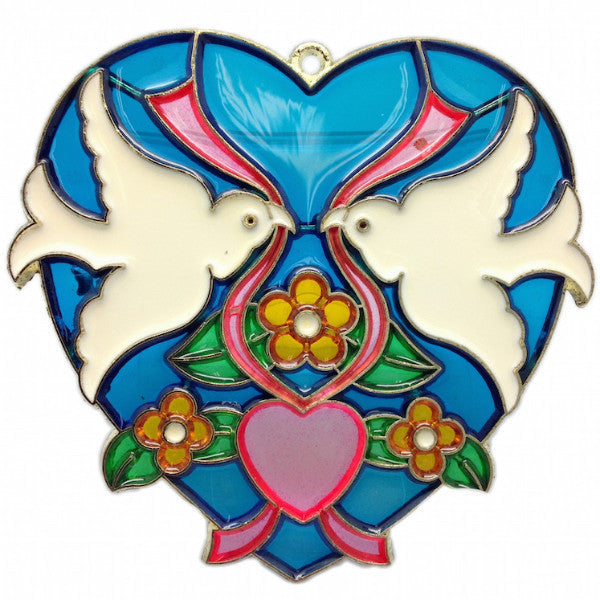 Blue Heart Shaped Sun Catcher with Kissing Lovebirds - ScandinavianGiftOutlet